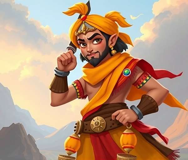 Raj - The Turmeric Warrior Raj, the Turmeric Warrior character in Cumin Saga Adventure wearing yellow and orange traditional warrior attire